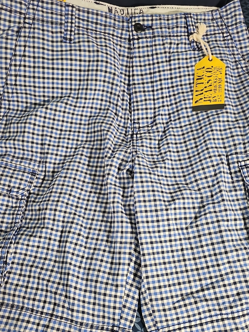 Nautica Blue and White Gingham Cargo Shorts